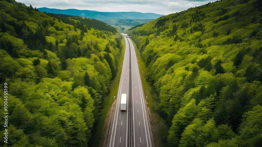 Fototapeta premium Aerial View of Highway Through Lush Green Forest