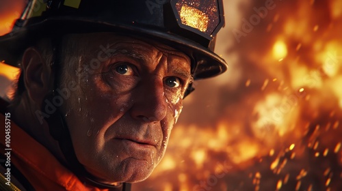 Senior fireman bravely battles flames engulfing city, his expression determined amidst the inferno, embodying resilience and courage