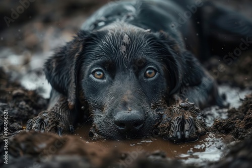 Homeless puppy lying on muddy ground, focus on wet fur, soft lighting, copy space Double exposure silhouette with mud