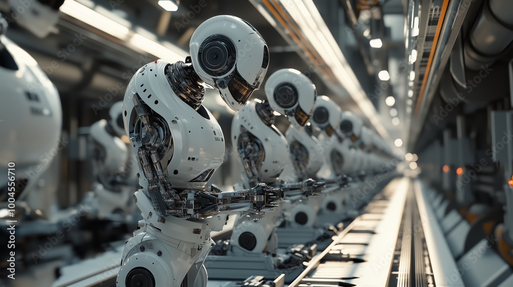 Fototapeta premium Robots assembling components in a high-tech factory environment during the morning shift