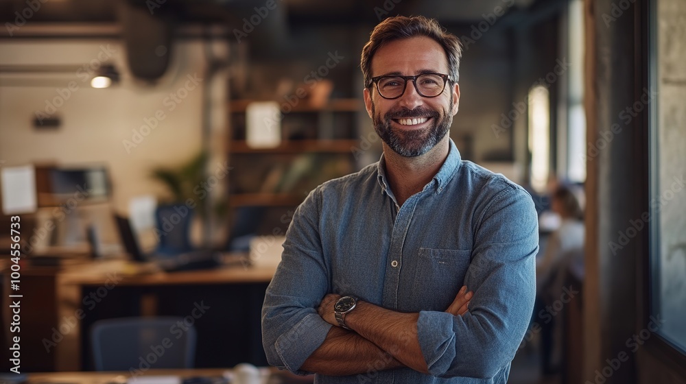 Obraz premium Professional man smiling in a modern office setting