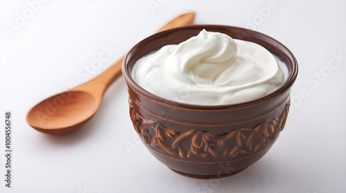 Fresh Creamy Sour Cream in Brown Bowl with Wooden Spoon