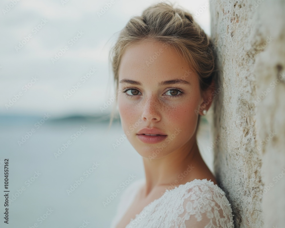 Beautiful bride poses at a seaside chateaux overlooking the blue ocean, wearing a modern white dress for luxury destination bridal wedding celebration on coast Beautiful bride poses at a seaside chateaux overlooking the blue ocean, wearing a modern white dress for luxury destination bridal wedding celebration on coast