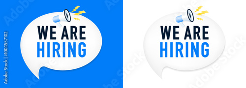 We're Hiring Banner Template. Job opening design information label template with megaphone. Business Recruiting Concept. We are hiring on a blue and white background. Vector illustration