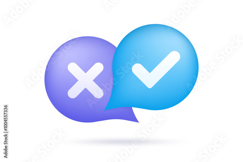 Speech bubble with cross and check mark. Survey reaction icon. 3d button and yes or no check mark icons. Dos and donts. Vector illustration