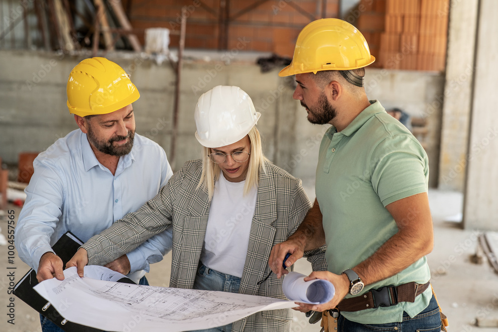 A group of architects work together on-site, discussing blueprints and coordinating to bring their project to life.	
