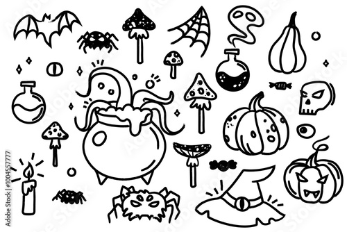 A large set of sketches on the theme of Halloween. Vector illustration with hand drawn textures. Imitation of ink drawing. Attributes of a witch.