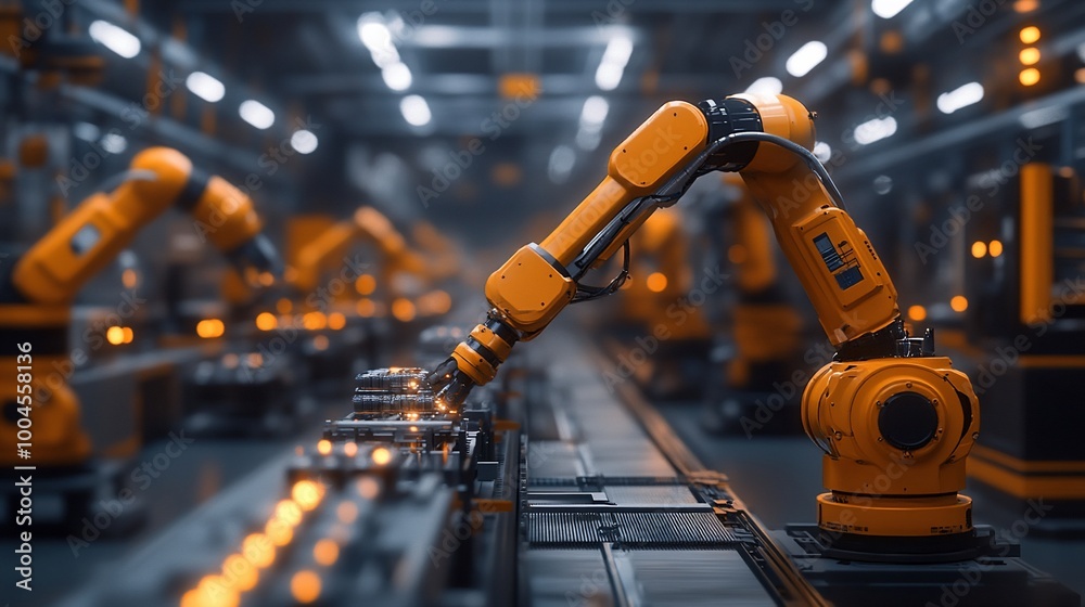 Industrial robotic arms working on an assembly line in a factory.
