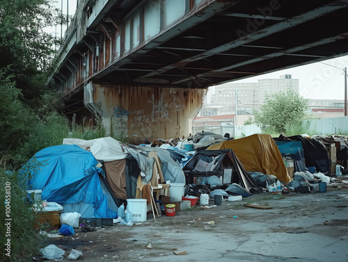 Homeless encampment in a downtown urban city photo