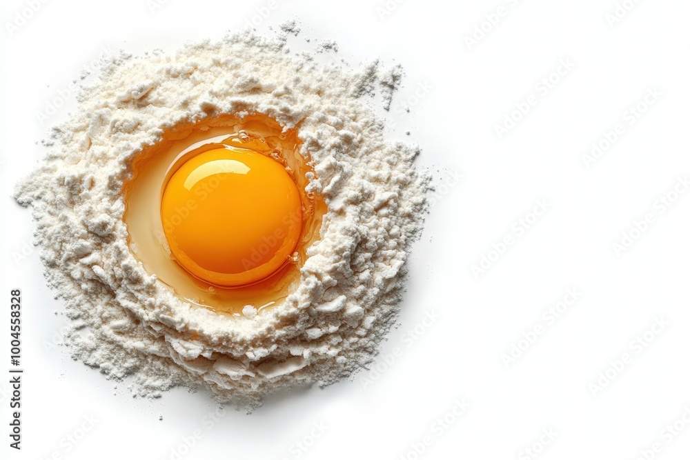 Egg yolk nestled in a mound of white flour ready for baking or cooking preparation Egg yolk nestled in a mound of white flour ready for baking or cooking preparation