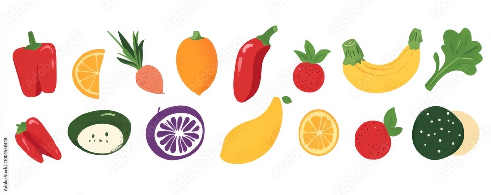 A flat vector illustration of various healthy food items including fruits, vegetables, and smoothies A flat vector illustration of various healthy food items including fruits, vegetables, and smoothies