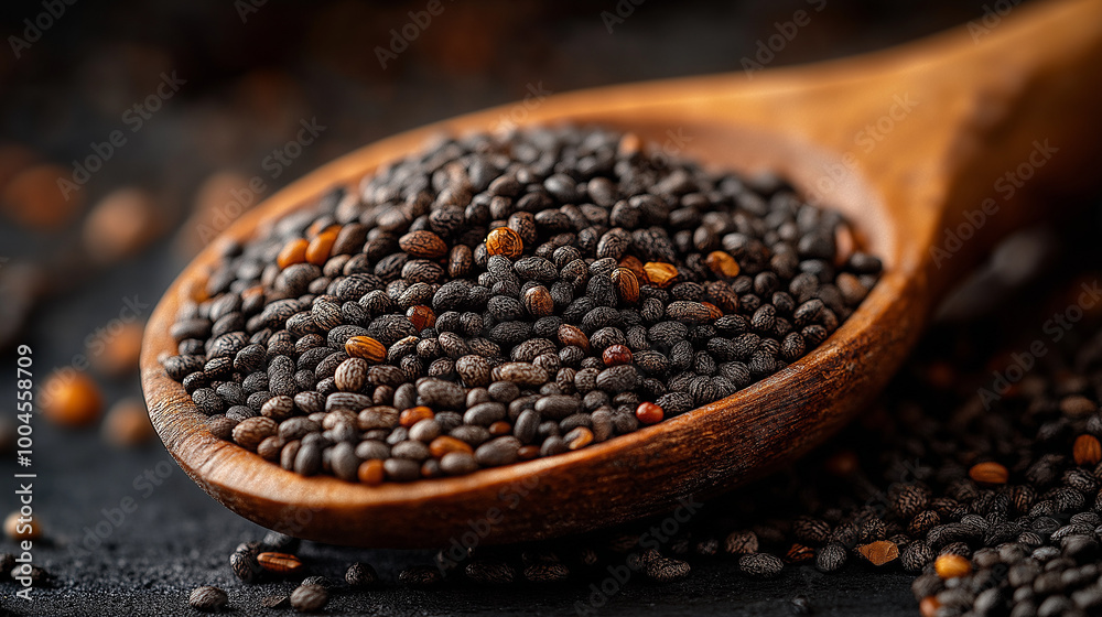 une cuillière qui déborde de graines de chia qui sont toutes noires une cuillière qui déborde de graines de chia qui sont toutes noires