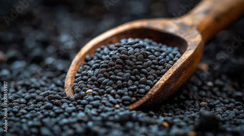 une cuillière qui déborde de graines de chia qui sont toutes noires photo