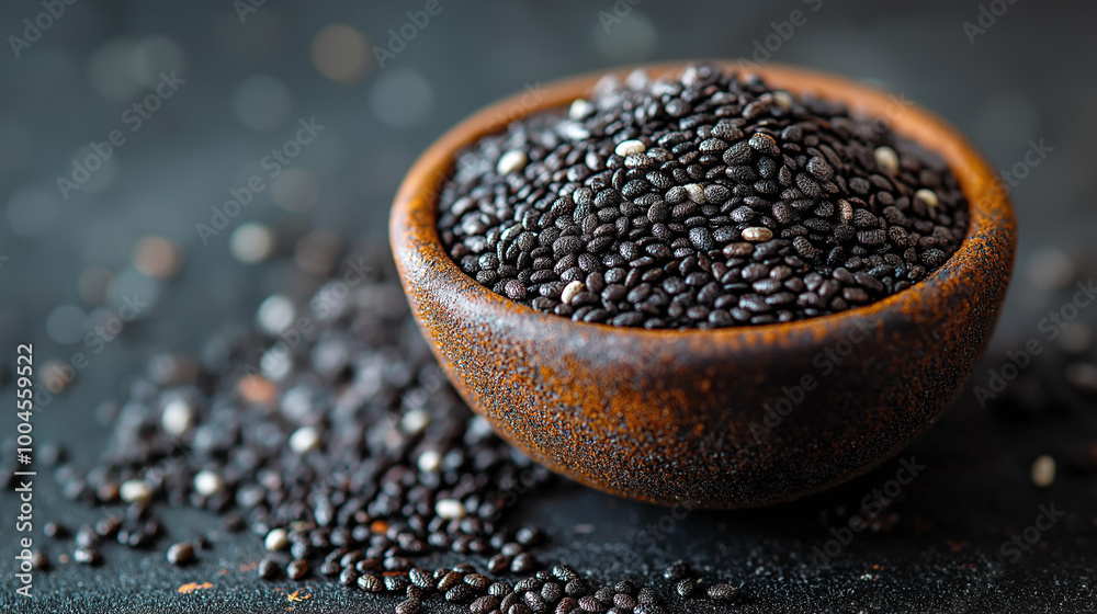 une cuillière qui déborde de graines de chia qui sont toutes noires une cuillière qui déborde de graines de chia qui sont toutes noires