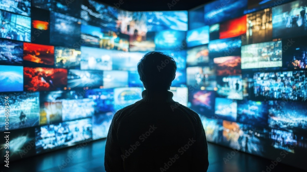 A person watching a video wall with multimedia images A person watching a video wall with multimedia images