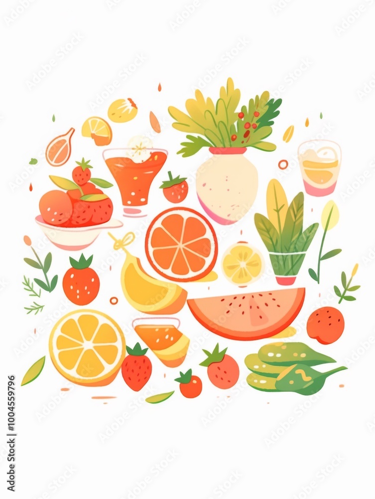 A flat vector illustration of various healthy food items including fruits, vegetables, and smoothies
