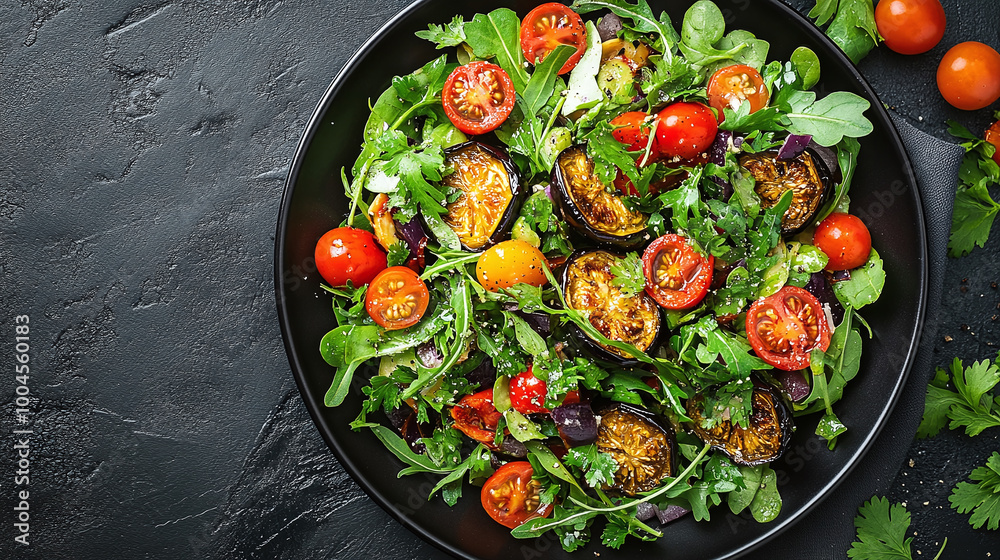Vegetarian Eggplant Salad with Baked Aubergine, Cherry Tomatoes and Cilantro Close Vegetarian Eggplant Salad with Baked Aubergine, Cherry Tomatoes and Cilantro Close