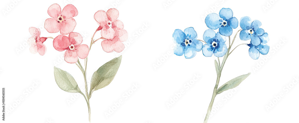 Blue and pink watercolor wildflowers with green leaves Blue and pink watercolor wildflowers with green leaves