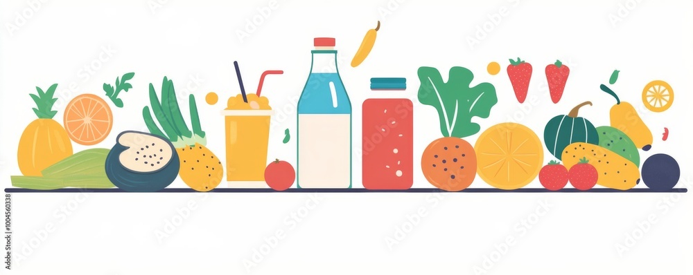 an array of healthy food items, including fruits, vegetables, and smoothies, arranged on a table with a milk bottle an array of healthy food items, including fruits, vegetables, and smoothies, arranged on a table with a milk bottle