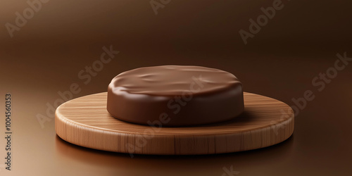 Milk chocolate round on a wooden board, showcasing smooth edges, sweet illustration
