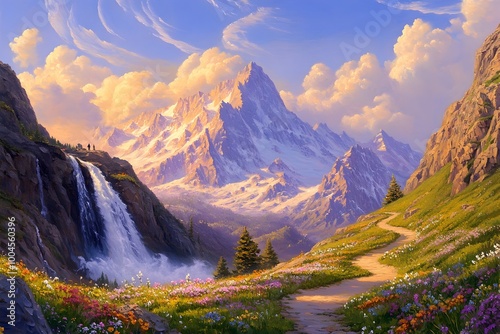 Peaceful pastel toned mountainscape with a winding path and breathtaking vistas a cascading waterfall tumbling over the rocks a wildflower covered meadow in the foreground photo