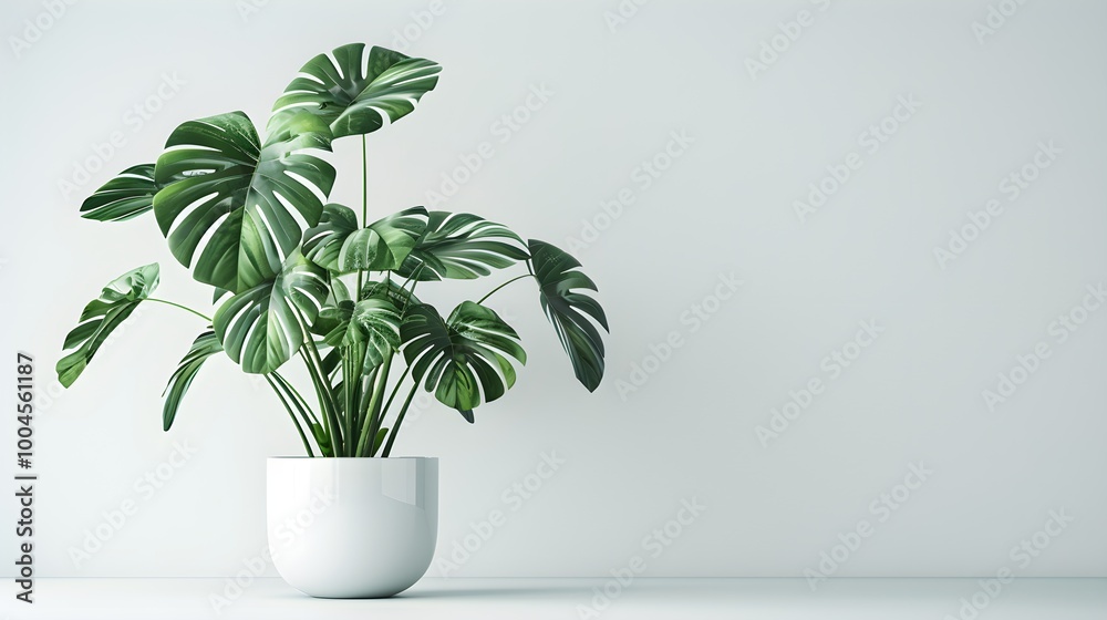 Modern Monstera Plant in White Pot on Minimalist Background Modern Monstera Plant in White Pot on Minimalist Background