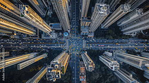 drone photo top view traffic in the city