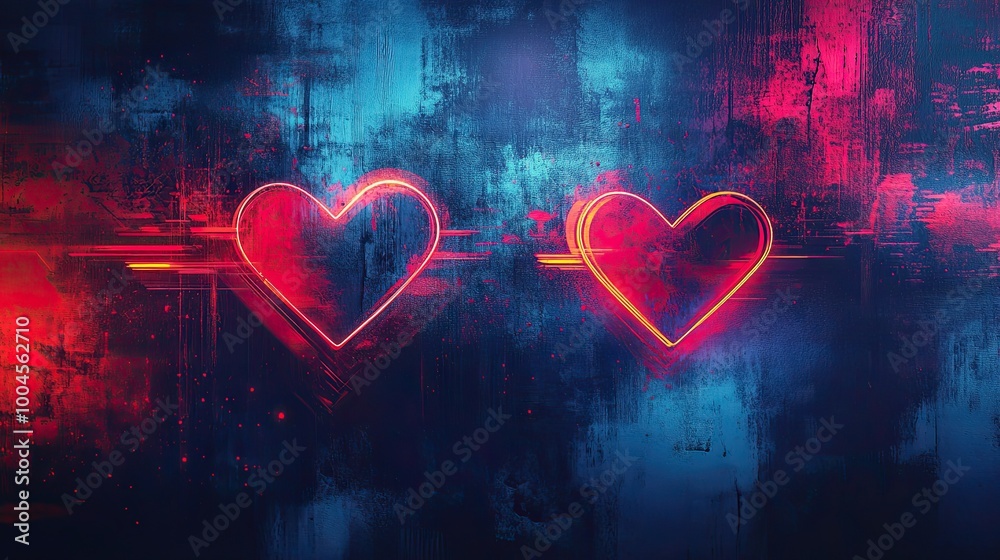 Two hearts are lit up in red and blue, creating a romantic and dreamy atmosphere Two hearts are lit up in red and blue, creating a romantic and dreamy atmosphere