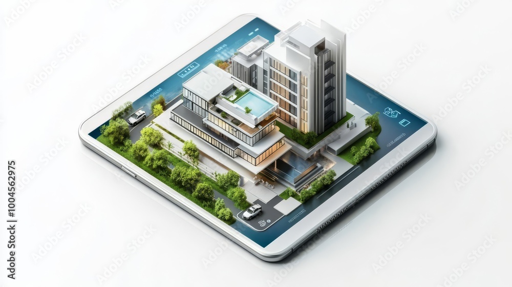 High-tech 3D rendering of a modern building on a tablet, showcasing advanced architectural design and innovation. High-tech 3D rendering of a modern building on a tablet, showcasing advanced architectural design and innovation.