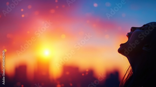 Sunset Silhouette with Woman Scream Against Cityscape