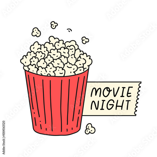 Popcorn bucket with movie night ticket in colorful line art style.