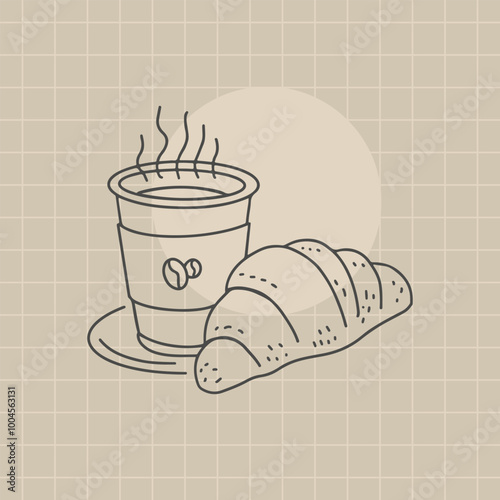 Minimalist coffee cup and croissant illustration in line art style.