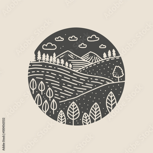 Dark circular landscape with trees, hills, and mountains in minimalist line art style.