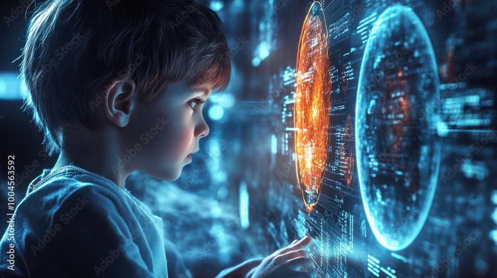 Curious little boy observing the technological hologram of a medical scientific study with bright digital particles. The conceptual map of future is from the current childhood. Curious little boy observing the technological hologram of a medical scientific study with bright digital particles. The conceptual map of future is from the current childhood.