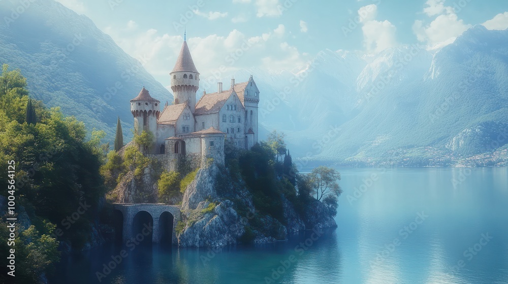 Enchanting castle situated on a cliff overlooking a serene lake. Generative AI image Enchanting castle situated on a cliff overlooking a serene lake. Generative AI image