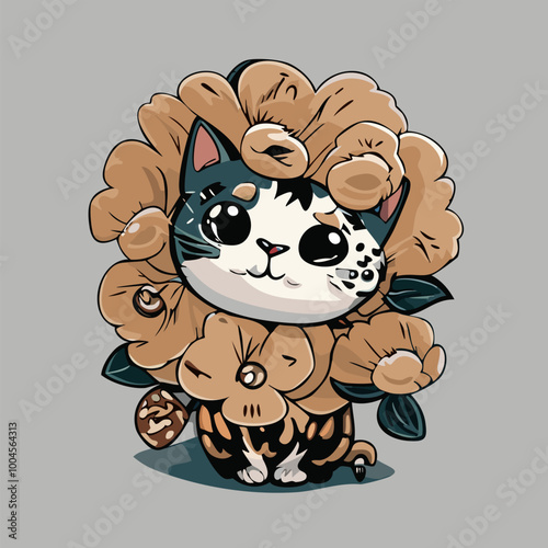 Cartton cute cat with floral flower, vector. Animal photo