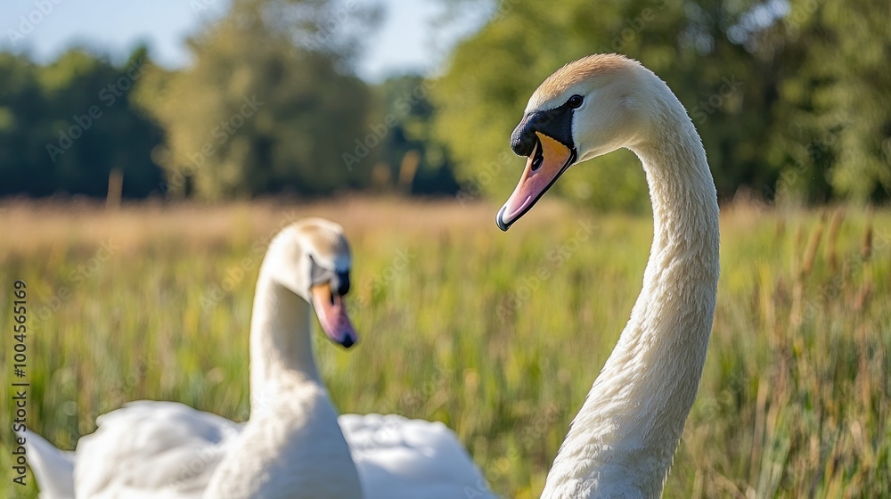 Fototapeta premium Two White Swans in a Meadow