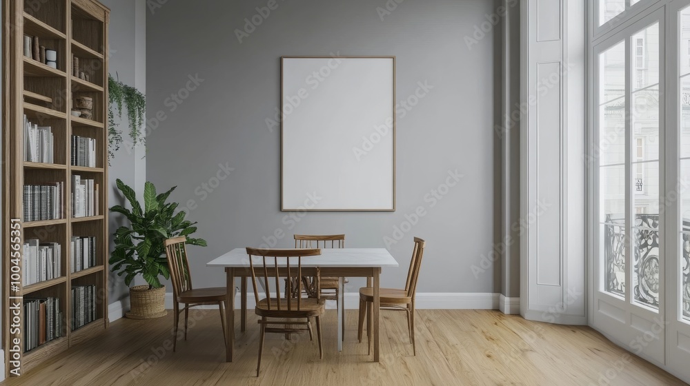 Fototapeta premium A simple dining room with a white poster, a table and chairs, a wooden divider, grey walls, a bookshelf, and hardwood floors. The design is minimal and modern.