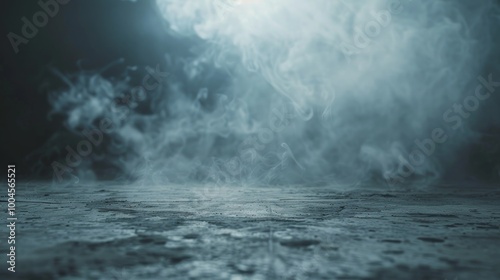 Smoke On Cement Floor With Defocused Fog In Halloween Abstract Background, 