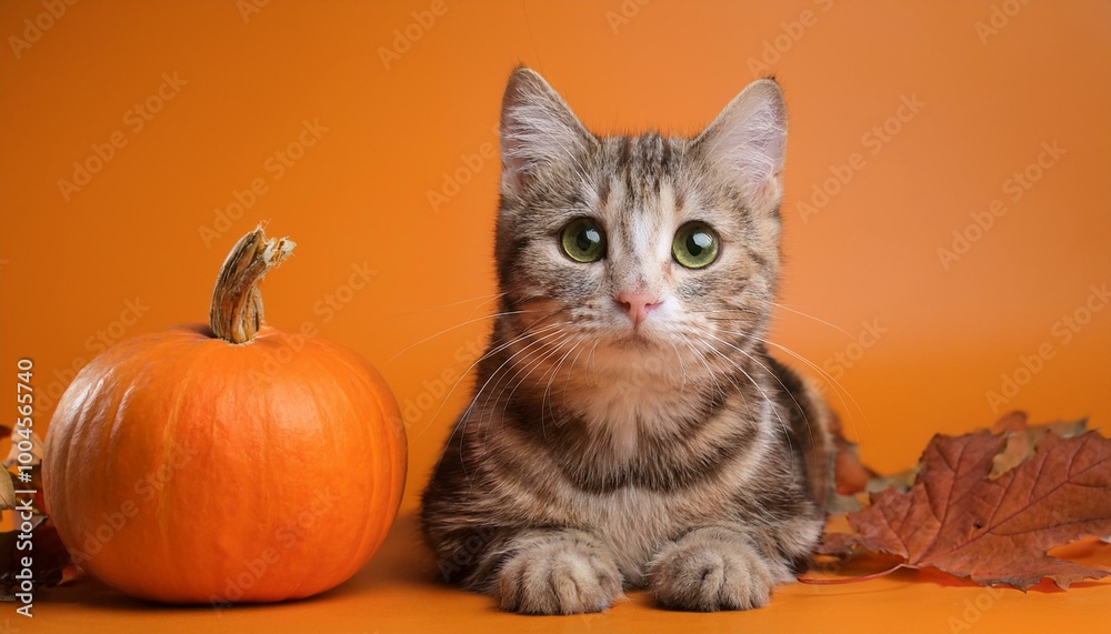 With Stock technology, this Halloween card features a cat and a pumpkin on an orange backgro With Stock technology, this Halloween card features a cat and a pumpkin on an orange backgro