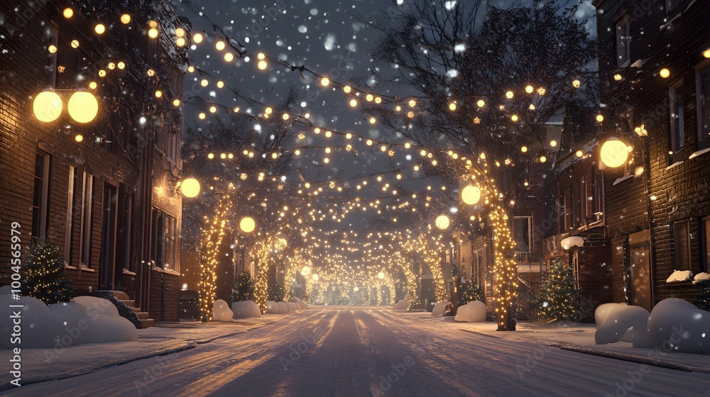 A 3D snow-covered street with glowing Christmas lights hanging across A 3D snow-covered street with glowing Christmas lights hanging across