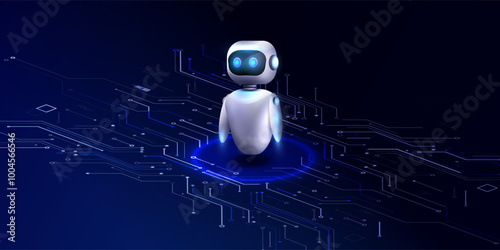 Ai virtual assistant vector illustration. Digital chat bot, robot application on circuit board, conversation and communication technology concept. Chatting artificial intelligence developed company.