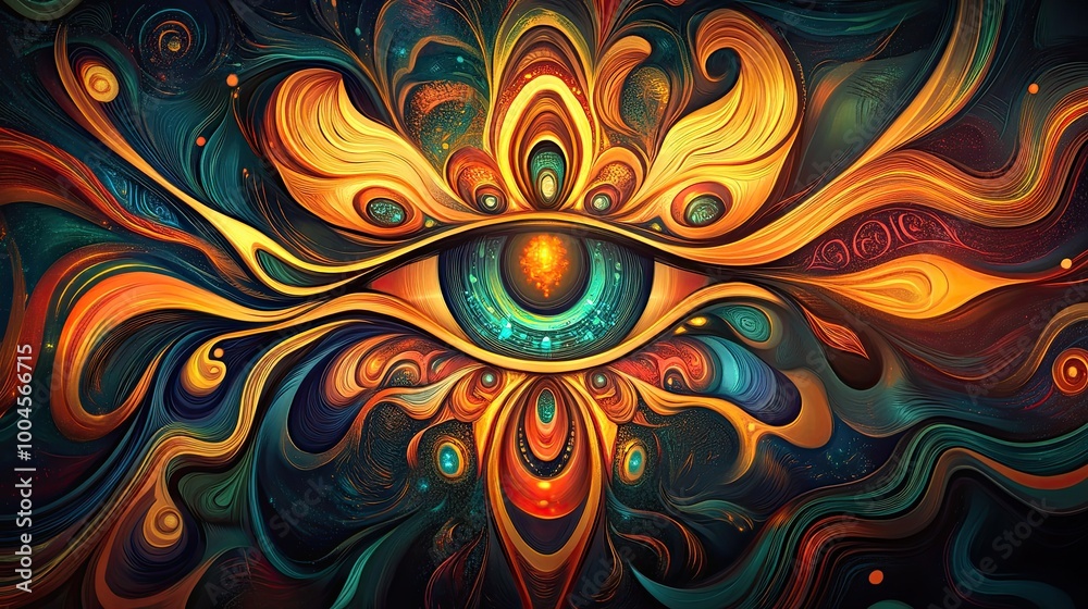 Fototapeta A colorful painting of a flower with a large eye in the center