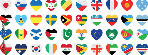 National flags in heart shape. National flags set. World flags. 