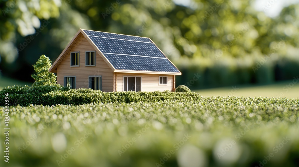 This wooden house model features solar panels on its roof, surrounded by vibrant green plants, highlighting eco-friendly architectural design and renewable energy solutions This wooden house model features solar panels on its roof, surrounded by vibrant green plants, highlighting eco-friendly architectural design and renewable energy solutions