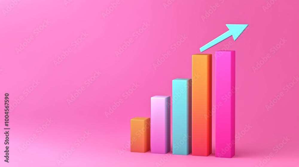 Colorful bar graph with upward arrow on pink background, symbolizing growth and progress. This vibrant design captures attention and conveys positive trends in data visualization. Colorful bar graph with upward arrow on pink background, symbolizing growth and progress. This vibrant design captures attention and conveys positive trends in data visualization.