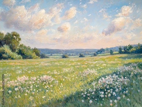 A captivating pastoral scene featuring soft pastel hues delicate wispy clouds drifting across the sky and a verdant field of blooming flowers in the foreground