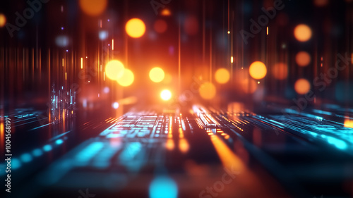 vibrant digital landscape with glowing lights and abstract patterns, representing advanced automation processes and technology. scene evokes sense of innovation and futuristic design. 