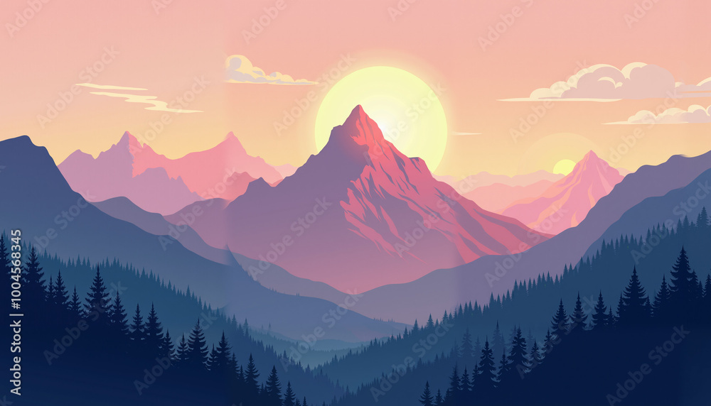 Mountain peak view landscape with sunrise soft light. Flat 2d vector illustration background. Arcade gaming style Mountain peak view landscape with sunrise soft light. Flat 2d vector illustration background. Arcade gaming style