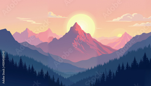 Mountain peak view landscape with sunrise soft light. Flat 2d vector illustration background. Arcade gaming style